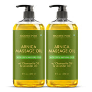 Majestic Pure Arnica massage oil bottle being poured for soothing sore muscles.