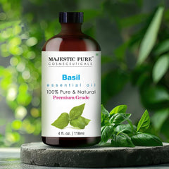 Majestic Pure Basil oil with dropper for precise, waste-free dosing.