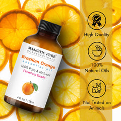 Closeup of Majestic Pure Brazilian orange oil bottle and dropper enabling precise usage.