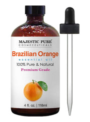 Majestic Pure Brazilian orange oil bottle with amber glass protects potency and aroma.