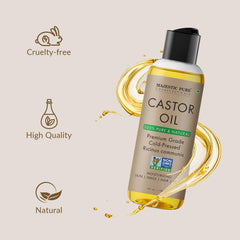 Majestic Pure Castor Oil amber bottle closeup highlights pure, natural formula.