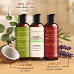 Majestic Pure coconut-based massage oil highlights nourishing hydration for the skin