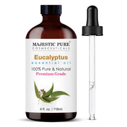 Majestic Pure Eucalyptus Oil in amber bottle for diffusers and refreshment.