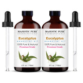 Majestic Pure eucalyptus oil in an amber bottle for a fresh, uplifting aroma.