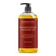 Majestic Pure Frankincense scar stretch oil bottle for soothing skin care.