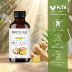 Majestic Pure Ginger Oil in amber bottle protects aroma from light