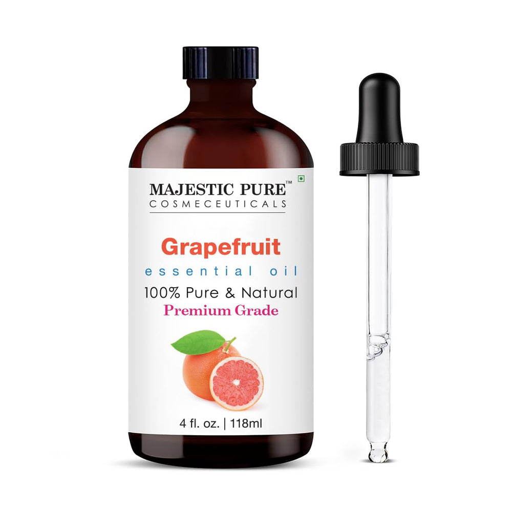 Majestic Pure grapefruit oil bottle with dropper for precise aromatherapy diffusion.
