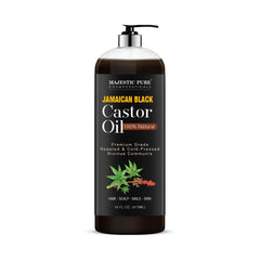 Majestic Pure Jamaican Black Castor Oil bottle for skin and hair care.