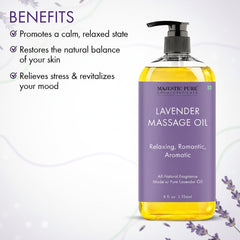 Majestic Pure Lavender Massage Oil with lavender flowers offers a calming sensory experience.