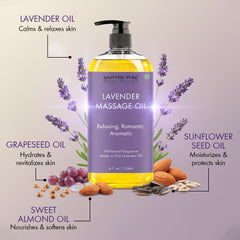 Majestic Pure Lavender Massage Oil nourishes skin during routine skincare and hair care.