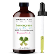 Majestic Pure lemongrass oil bottle in amber glass protects purity and aroma.