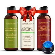 Majestic Pure massage oil bottle on a clean surface for relaxing body care