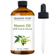 Majestic Pure Neem Oil bottle closeup shows purity for aromatherapy use.