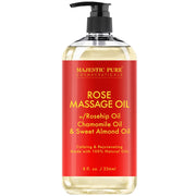 Majestic Pure Rose Massage Oil bottle with pump for easy application and relaxation.