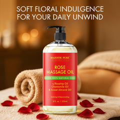 Majestic Pure Rose Massage Oil close-up shows natural oils and soothing aroma.