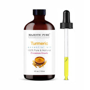 Majestic Pure turmeric oil bottle pour, ideal for diffusion and skincare routines.