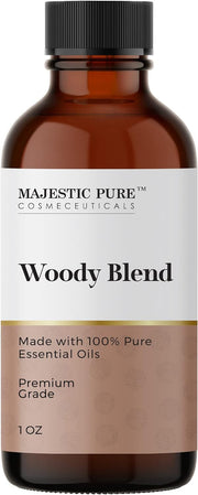 Majestic Pure Wood Essential Oil Blend pine needle bottle for calming aromatherapy