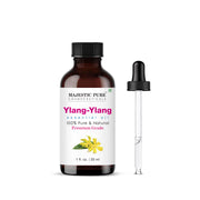 Majestic Pure Ylang Ylang essential oil bottle with dropper for precise diffusing.