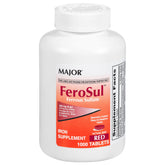 Major FeroSul ferrous sulfate tablets in a red bottle for daily iron intake