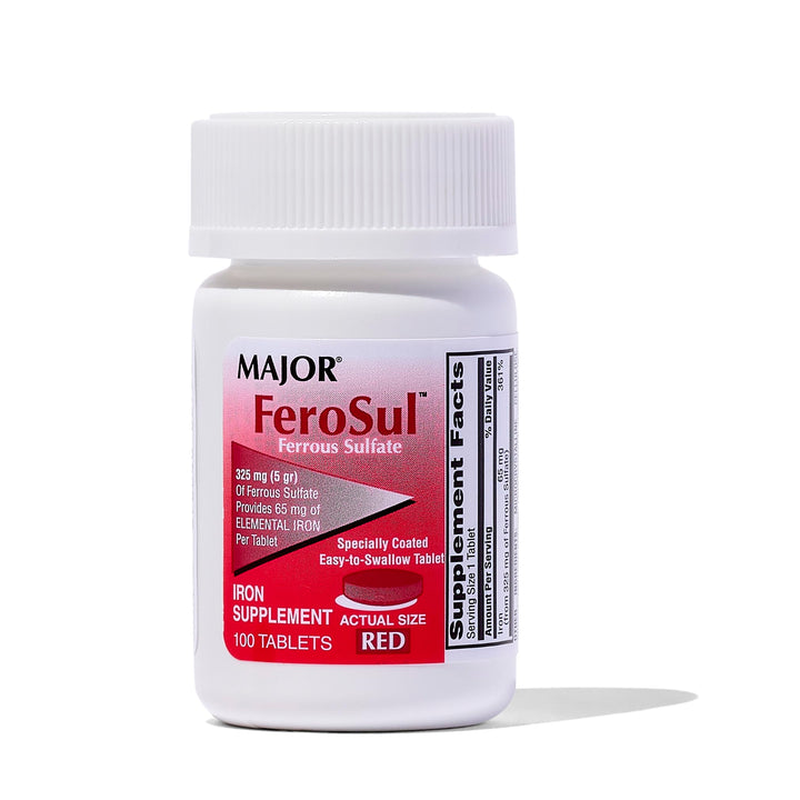 Major Ferosul iron tablet in red packaging supports daily iron intake.