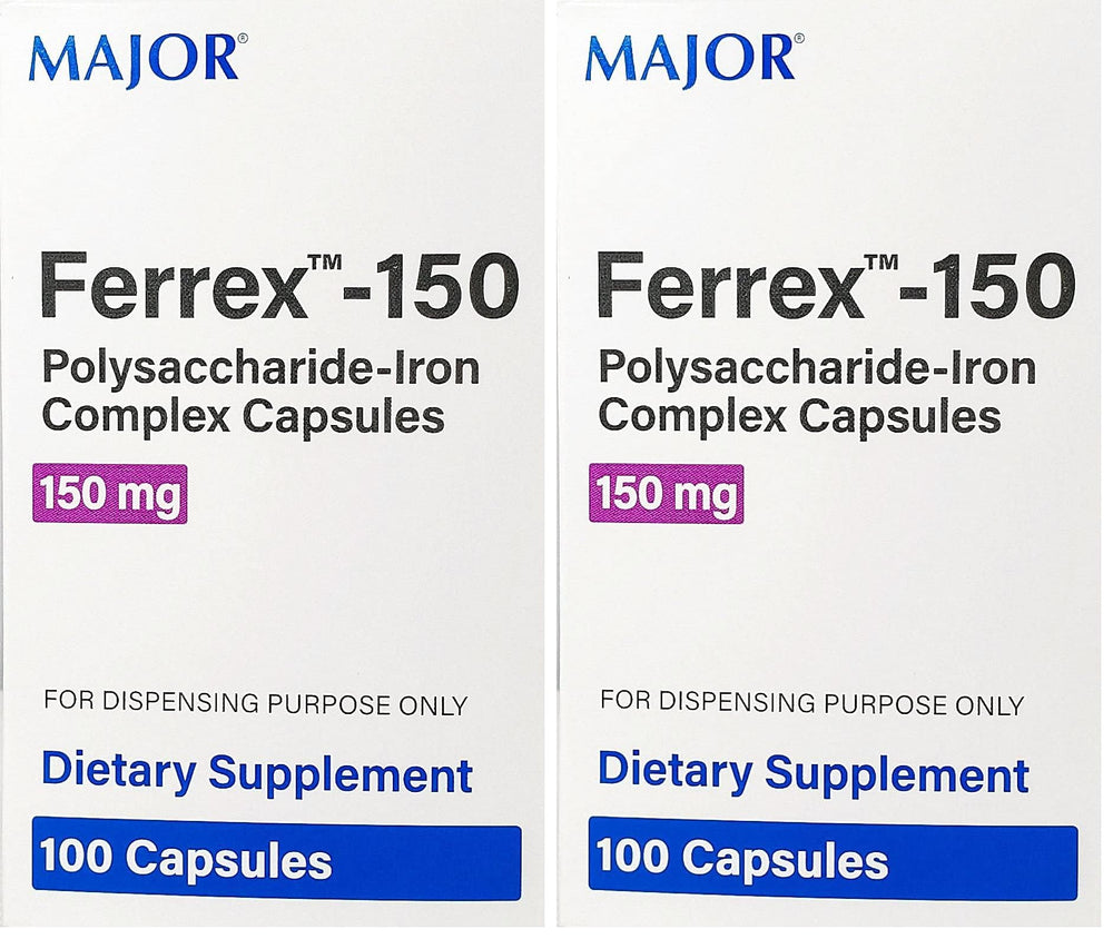 Major Ferrex-150 bottle closeup highlights iron complex benefits for daily energy and wellness