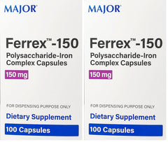 Major Ferrex-150 bottle closeup highlights iron complex benefits for daily energy and wellness