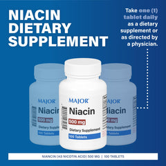 Major Niacin 500mg bottle label, highlighting daily energy metabolism support.