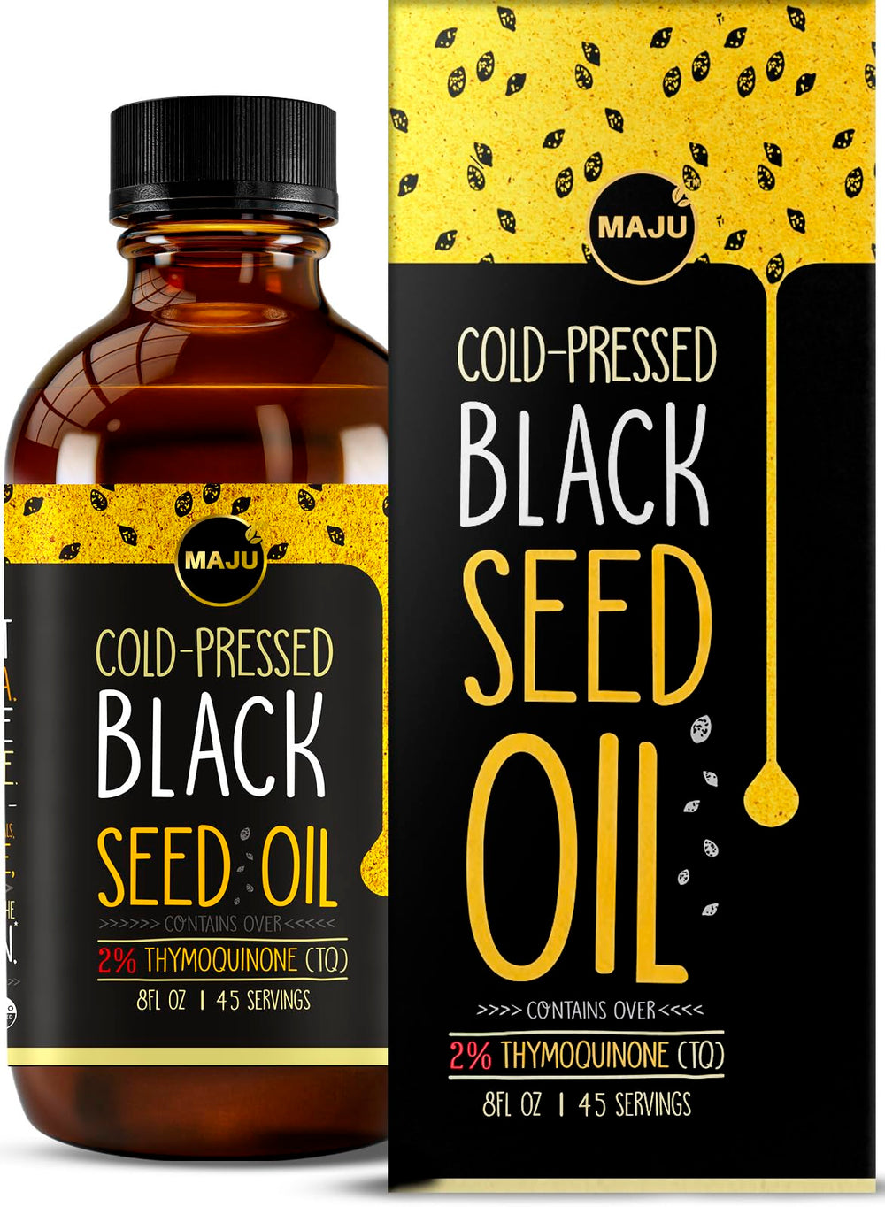 Maju Black Seed Oil in amber bottle highlights high thymoquinone content for potential immune support.