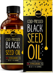 Maju Black Seed Oil in amber bottle highlights high thymoquinone content for potential immune support.