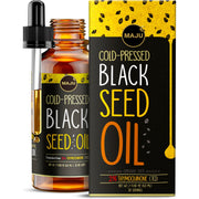 Maju Black Seed Oil bottle closeup shows purity and versatile use for skin support