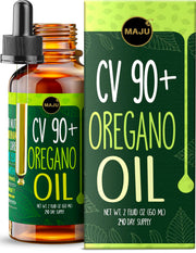 MAJU Oregano Oil Drops bottle highlights high carvacrol content for immune and seasonal support.