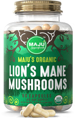 Maju Superfoods Lions Mane capsules bottle for cognitive support and daily focus.