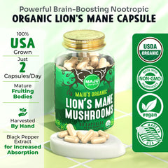 Maju Superfoods Lions Mane capsules label with ingredients and purity details.