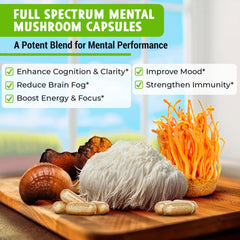 Maju Superfoods Mental Mushroom Capsules bottle closeup showing label and organic seal.
