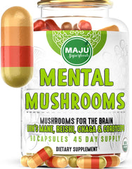 Maju Superfoods Mental Mushroom Capsules front view of bottle for daily support.