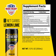 Make Ready Nutrition 2Alpha Energy Lemon Lime front label highlights zero sugar and low carb