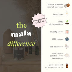 Mala Fireside 6-8oz candle offers a compact aromatherapy option for home desks.