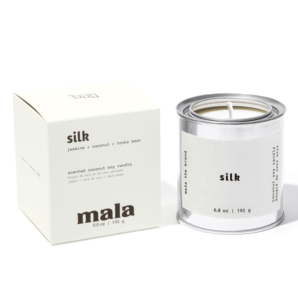 MALA scented silk candle close-up jar showing rich tonka bean aroma for cozy evenings