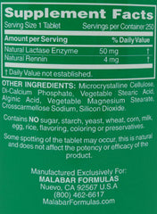 Malabar Super Milk Digestant bottle label highlighting lactase enzyme.
