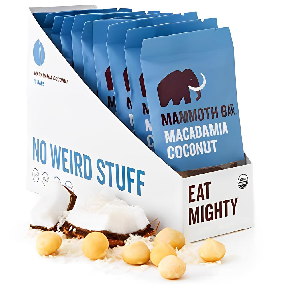 Mammoth Bar Macadamia Coconut Bar close-up, a protein-packed, organic snack.