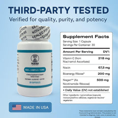 Mana NAD+ Complex ingredient imagery showing vegan gluten-free formula.