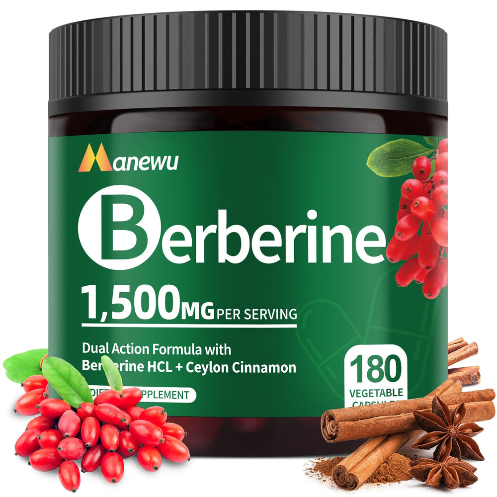 Manewu Berberine capsules close-up highlighting potent 1500mg formula for daily balance