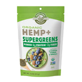 Manitoba Harvest Hemp+ Supergreens powder front label highlighting organic protein and greens for daily nutrition.
