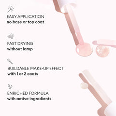 Application on bare nails shows quick dry, glossy plump effect.
