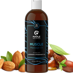 Maple Holistics Muscle Massage Oil bottle pour for smooth glide and relaxation.