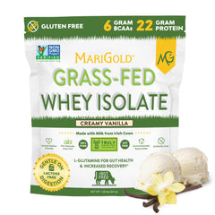 MariGold whey protein isolate vanilla bag highlights grass-fed source for shakes