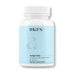 Mars Surgemax bottle closeup shows natural capsules for daily energy support
