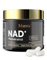 MARSTA Liposomal NAD+ Resveratrol bottle highlights energy support and antioxidant benefits.