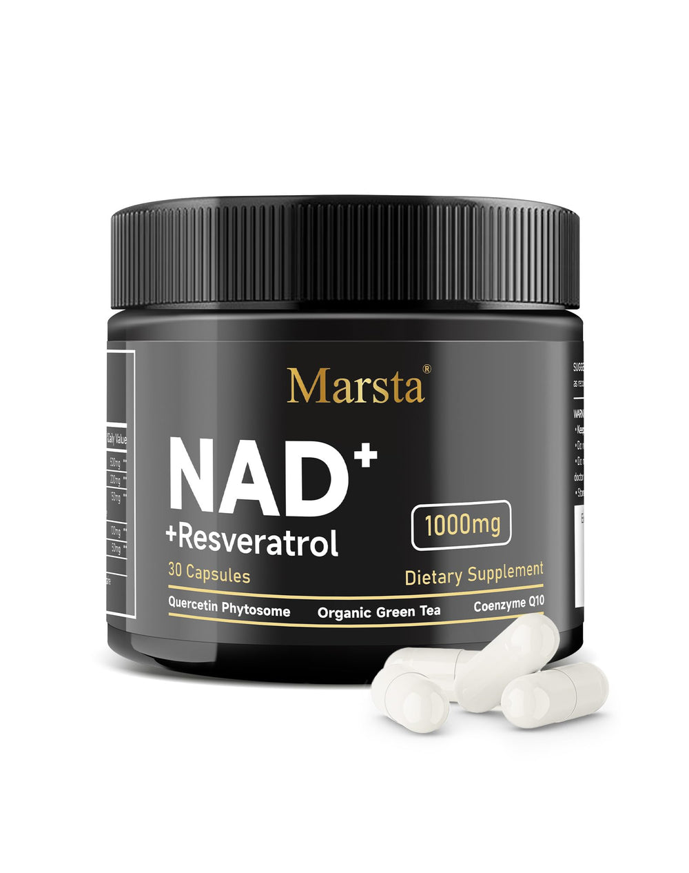 MARSTA NAD bottle close-up highlighting liposomal NAD+ energy support