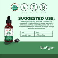 MaryRuth iodine liquid drops bottle and glass show 450 servings and long-lasting supply